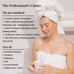 Woman in a towel holding a cup beside "The Professional's Choice" list for Botanical Gel Masque